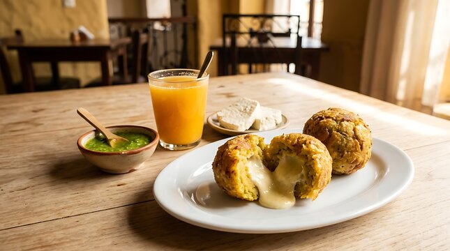 bol&oacute;n de verde on oval white plate, positioned in the lower right third on a light breakfast wood table