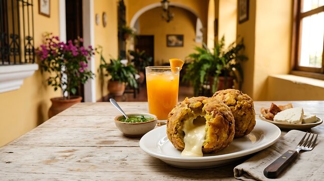 bol&oacute;n de verde on oval white plate, positioned in the lower right third on a light breakfast wood table