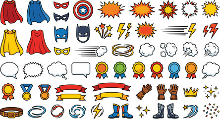 Superhero vector elements bundle with comic book speech bubbles explosion clouds hero capes masks badges and dynamic effects © Mohammad