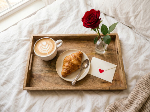 Valentine day romantic breakfast in bed with coffee croissant love letter envelope and red rose