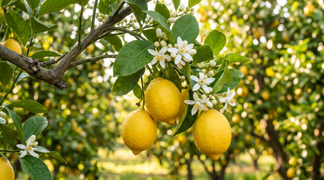 Ripe lemons on a tree branch with blossoms. Citrus fruit growing in a sunny orchard.