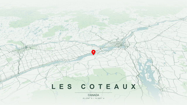 Modern minimalist vector map of Les Coteaux, Quebec. High-quality scalable illustration of Les Coteaux geographic boundaries, Lake Saint-Francois shoreline for posters design. 
