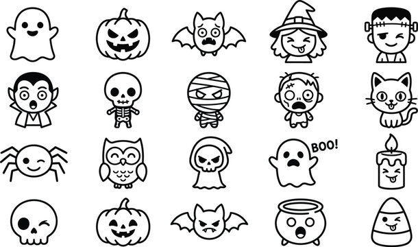 Black and white minimal Halloween chibi character icons.
