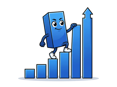 A cheerful blue cartoon character representing a bar graph segment climbs an ascending bar chart with an upward arrow, symbolizing progress and growth.