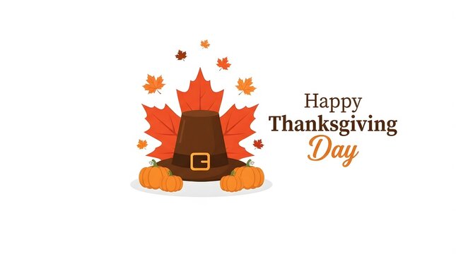 Happy thanksgiving day greeting with pilgrims hat and fall leaves