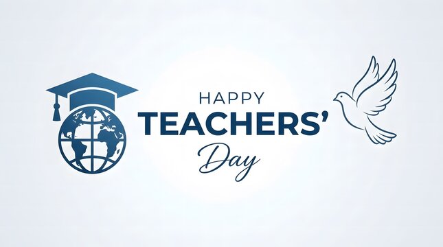 Happy teachers day celebration with globe graduation cap and dove