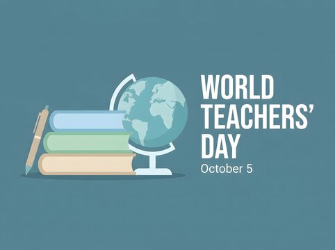 World teachers day graphic featuring books and globe