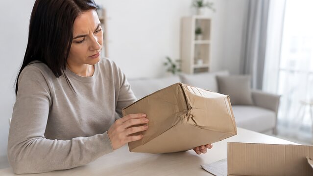 Disappointed woman examining damaged package delivery at home