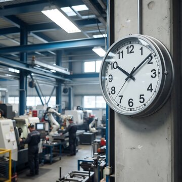 Industrial factory clock with machining workshop in background
