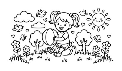 Fototapeta premium Happy Girl with Ball Printable Coloring Activity Sheet for Children