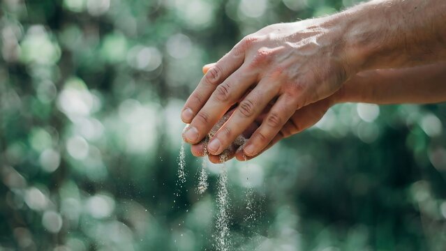 Hand sifting sand or soil with blurred greenery