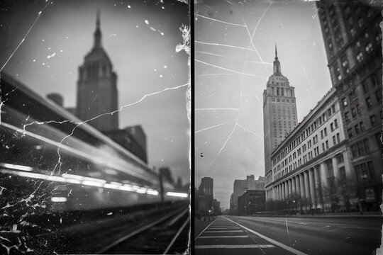Vintage new york city diptych empire state building and urban streetscape