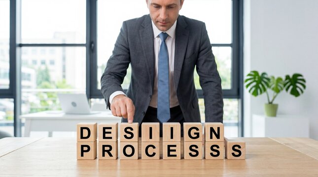 Businessman arranging wooden blocks with design process text in office