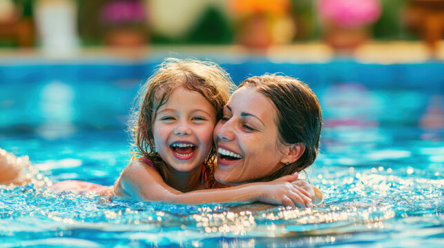 A mother and her young daughter swim in a pool filled with bright blue water. They laugh and play together under the sun. Flowers are visible in the background