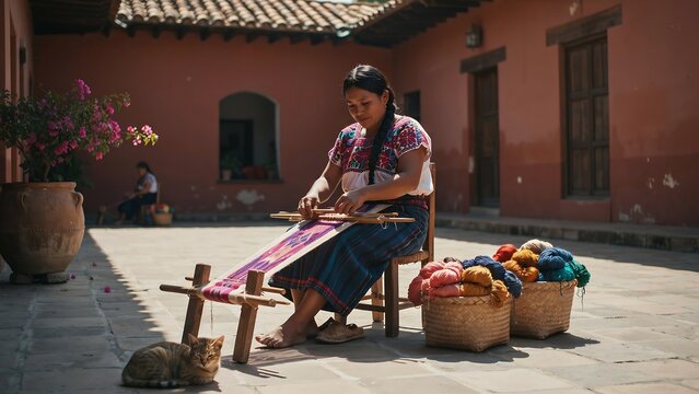 Guatemalan weaver at work with traditional loom and yarn