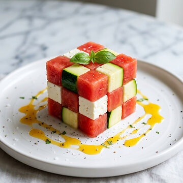 Colorful cube-shaped salad with cherry tomatoes and herbs