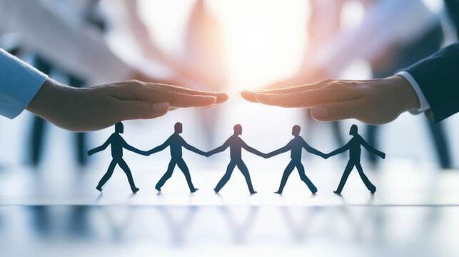 Group of people sit around a table in an office. They place their hands over small paper figures. Light shines from the center. Focus is on teamwork and support