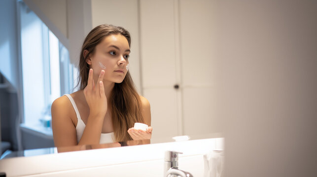 Skincare Routine: A young woman diligently applies facial cream while looking in the mirror, showcasing a moment of personal care and beauty in a bathroom setting.