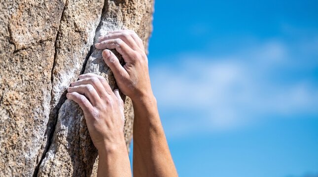 Chalk Dusted Hands of Female Rock Climber on Granite Ledge