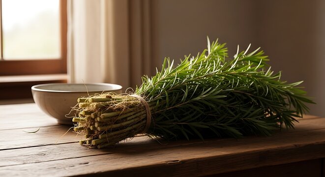 A fresh bundle of cymbopogon nardus citronella grass tied with twine resting on a rustic wooden kitchen table near a bowl in a bright cozy home interior