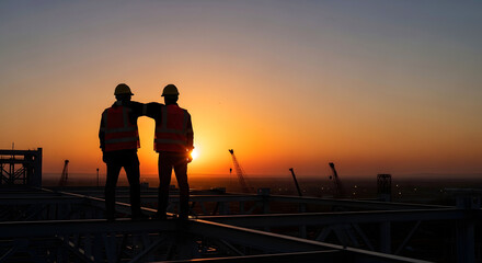 Fototapeta premium Two construction workers standing together during sunset on rooftop
