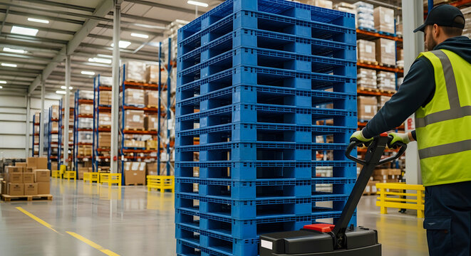Worker using pallet jack in large industrial warehouse with blue plastic crates