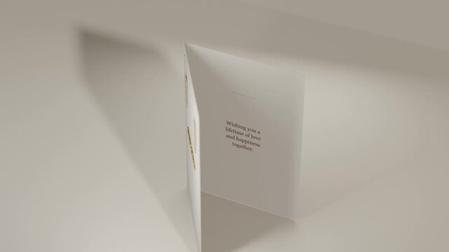 Folded card rotating and opening on beige surface, revealing gold foil front and interior message