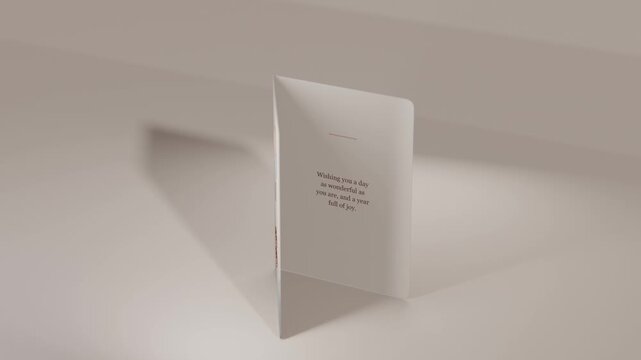 Rotating from initial motion, greeting card opening and revealing printed message on beige tabletop