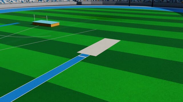 Tracking aerial camera moving forward to reveal beige pitch mat and blue approach strip at stadium