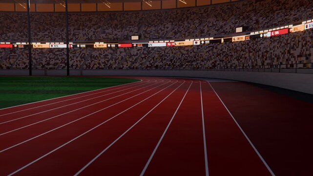 Panning camera revealing red running lanes at stadium, showing yellow starting blocks and hurdles