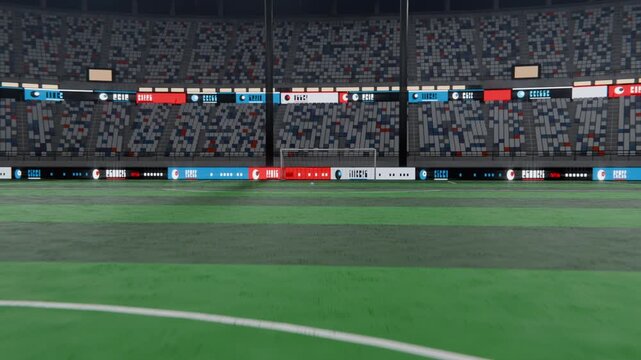 Rolling camera from center circle, moving toward soccer goal and ball for close framing in stadium