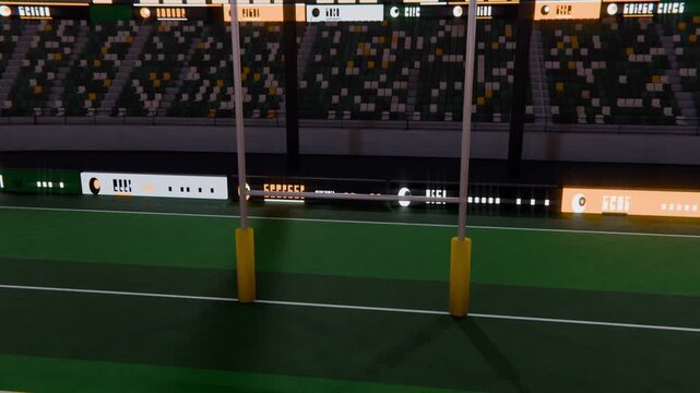 Moving camera revealing centered goalposts on stadium turf closely, showing yellow pads and LED ads