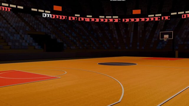 Dolly pushing wooden basketball court floor forward in arena focusing center circle and orange exit