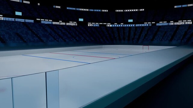 Pulling back camera panning along dasher boards and glass at hockey arena, revealing rink markings