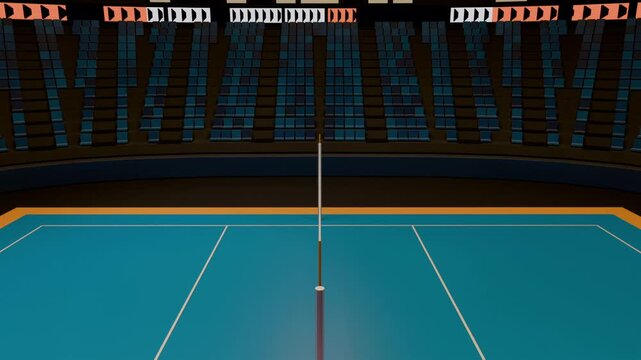Pulling back, camera revealing blue court at arena to show playing surface, net pole, empty seats