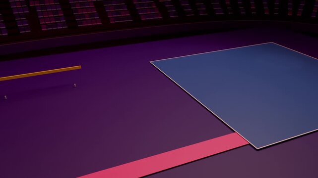 Opening shot starting camera pulling back, showing floor layout at arena with blue mat, pink runway
