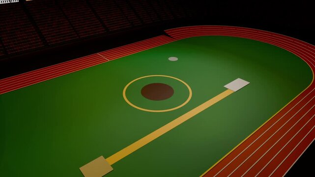 Camera panning, long yellow runway sliding and rotating across stadium turf to reveal square plates