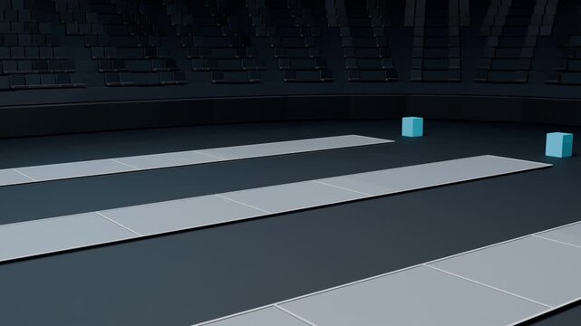 Shifting camera rightward, 3 cyan cubes moving along gray lanes with arena seating revealing seams