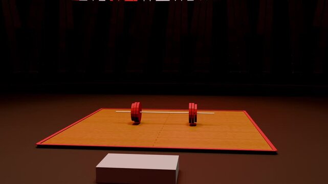 Pulling back camera moving upward and right across dim arena, revealing barbell on orange mat