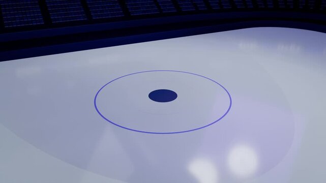 Pulling back camera revealing center ice in arena, showing more rink, face-off dot and seating