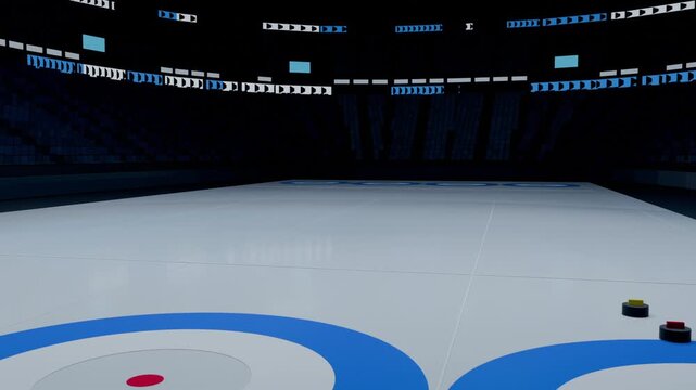 Moving camera revealing curling rink at arena, highlighting houses, stone cluster, and reflections