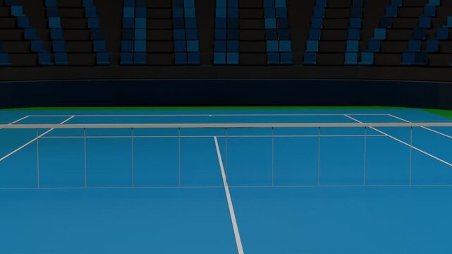 Recording fixed camera nudging forward and tilting, capturing centered blue tennis court with net
