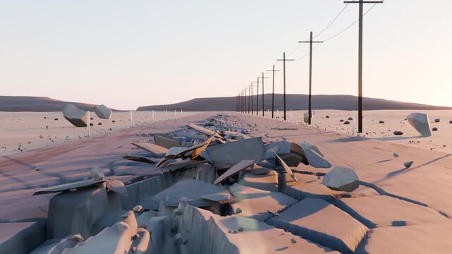 Cracking two-lane desert highway opening at center, lifting slabs and exposing metal pod in fissure
