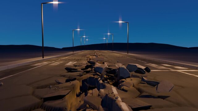 Opening narrow crack sending asphalt slabs buckling along road at dusk exposing cavity double lines