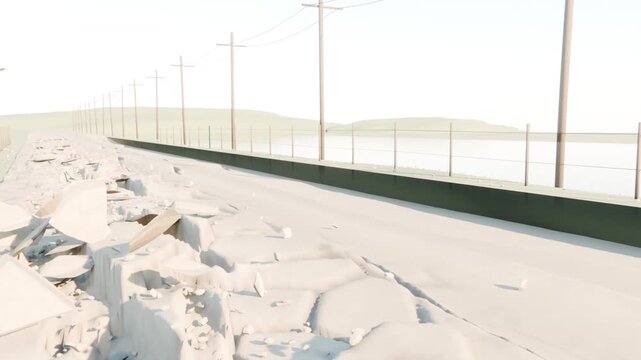Cracking causing left shoulder to shed slabs along coastal causeway, with barrier, poles, water