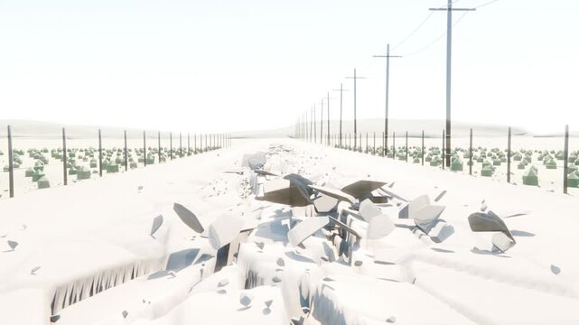 Cracking road surface after crack forming, ejecting broken slabs on long road with telephone poles