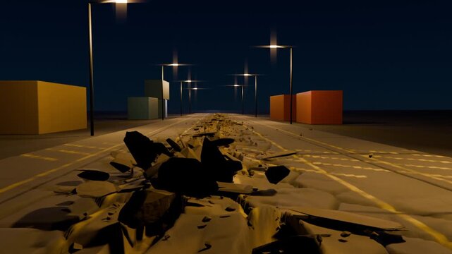 Breaking central roadway after fragments appearing near centerline, lifting asphalt under lamps