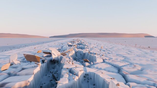 Moving camera gliding across cracked salt plain at sunrise showing deepening fissure with slabs