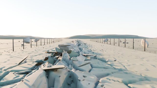Fissure opening, central ridge forming and rising along pale plain, fence posts flanking corridor