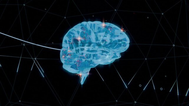 Animating cyan brain reacting to glow band sweep in black void, visualizing neural signals via net